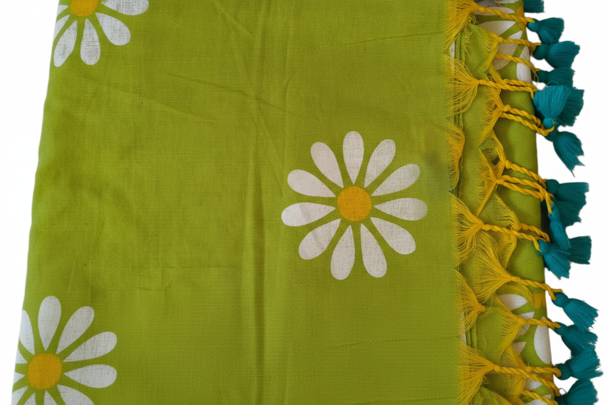 Lime Green Sunflower Print Khadi Cotton Saree - Product Detail on White Background