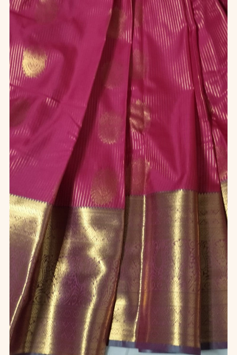 Teal Pink Saree with Golden Zari Butta & Wide Border - Elegant Pleat Display
