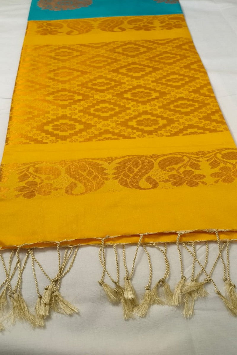 Turquoise Yellow Jacquard Floral Semi-Silk Saree - Saree and Pallu Detail View
