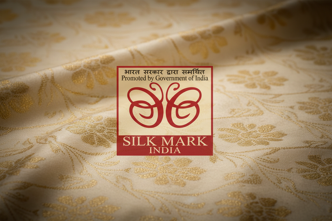Silk Mark India certification logo — Government of India assurance label for 100% pure natural silk sarees