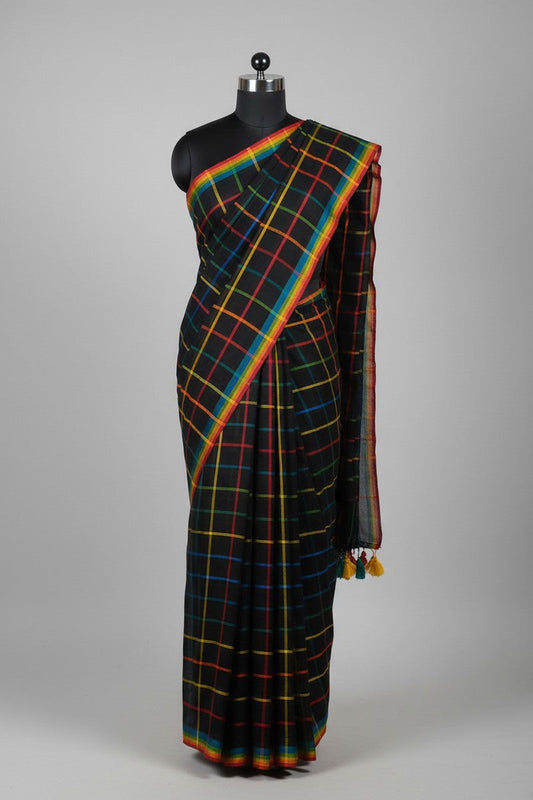Black mannequin display of black rainbow checks mul cotton saree