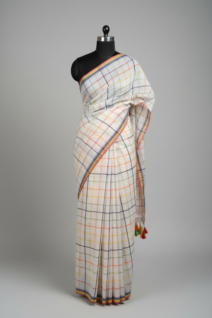 Off-White Base Rainbow Checks Mul Cotton Saree - Black Mannequin Display