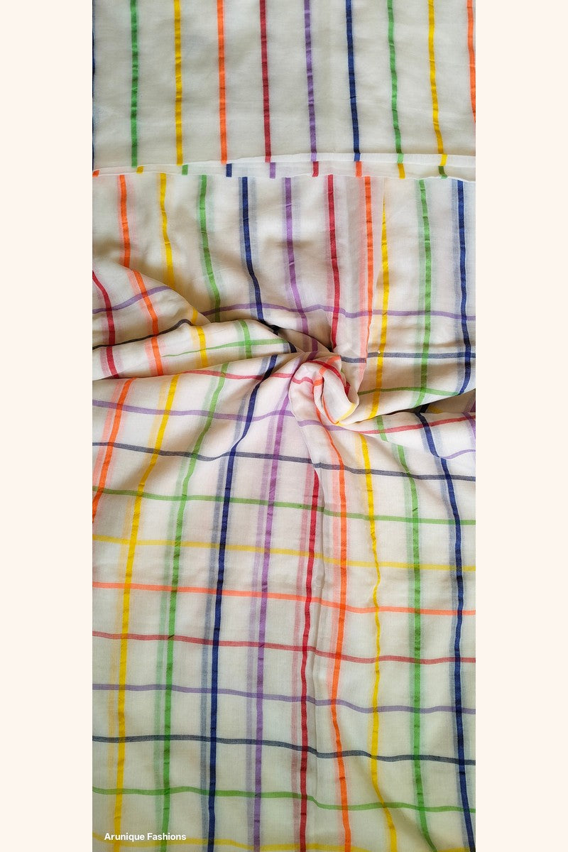 Close-up of rainbow checks fabric texture on off-white mul cotton saree