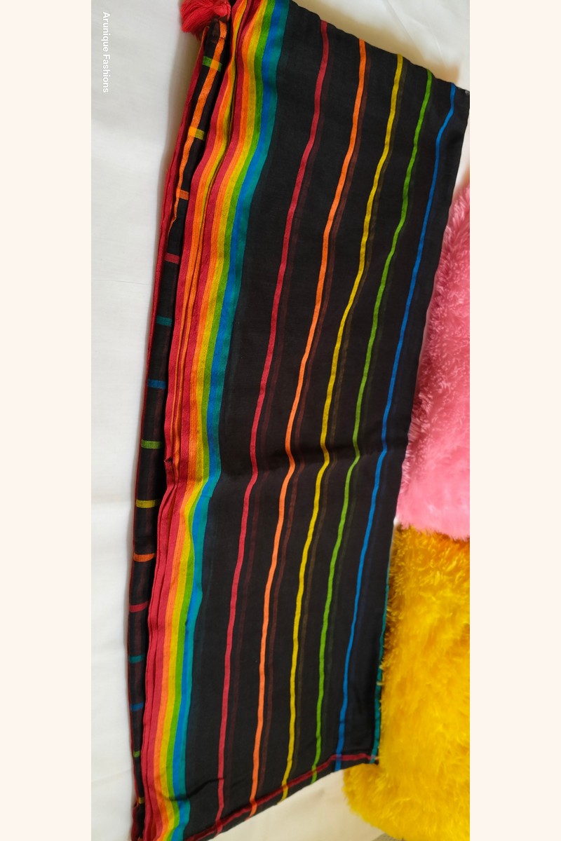 Close-up of rainbow checks fabric texture on black mul cotton saree
