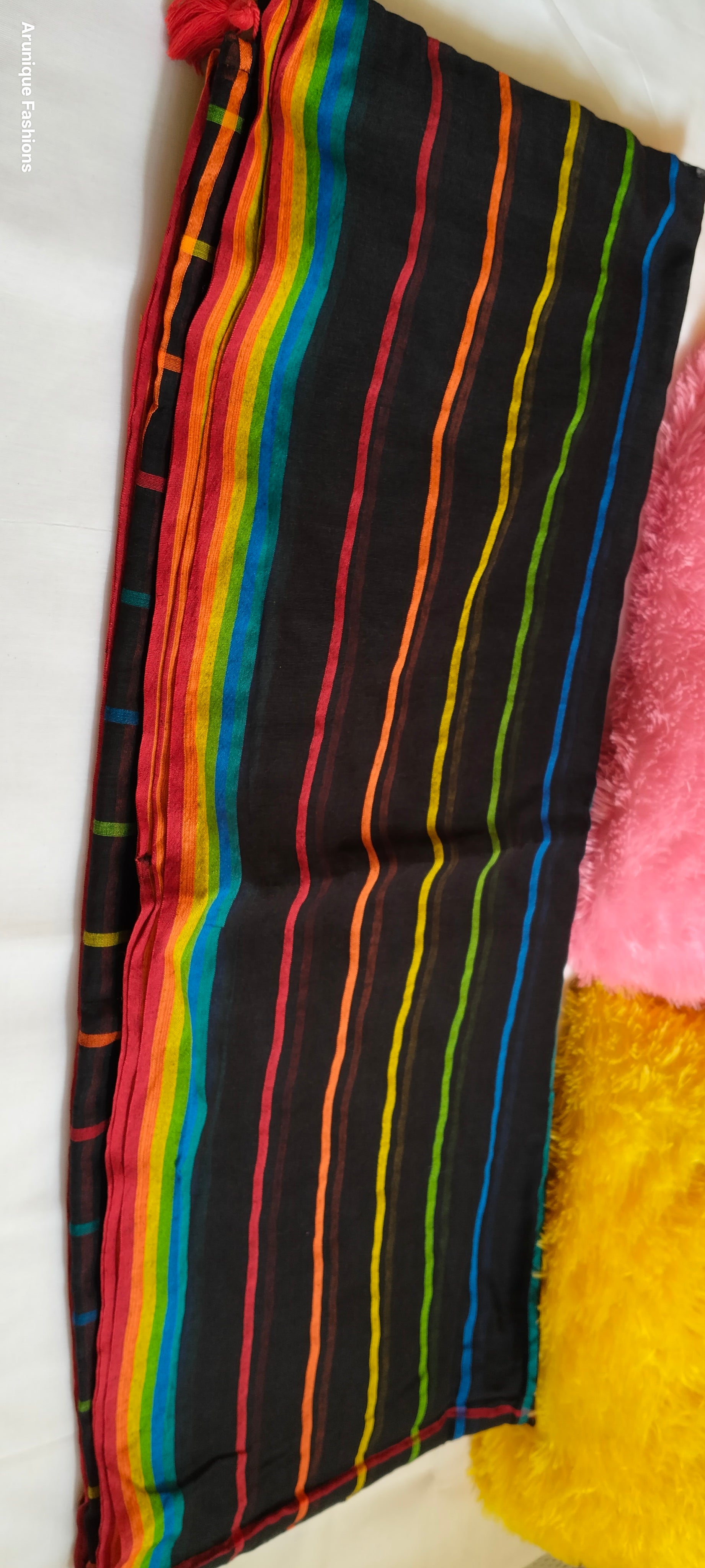 Black Base Rainbow Checks Mul Cotton Saree - Close-up Fabric Texture