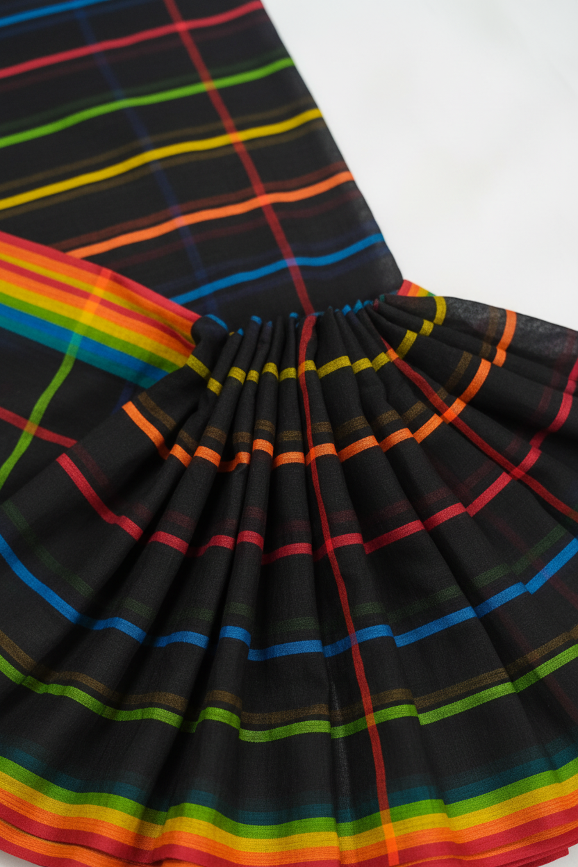 Black Base Rainbow Checks Mul Cotton Saree - Close-up Pleats Detail