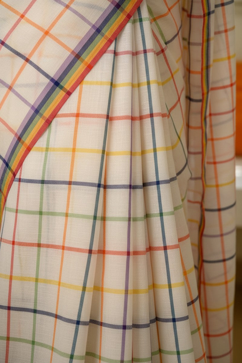 Close-up of pleats detail on off-white rainbow checks mul cotton saree