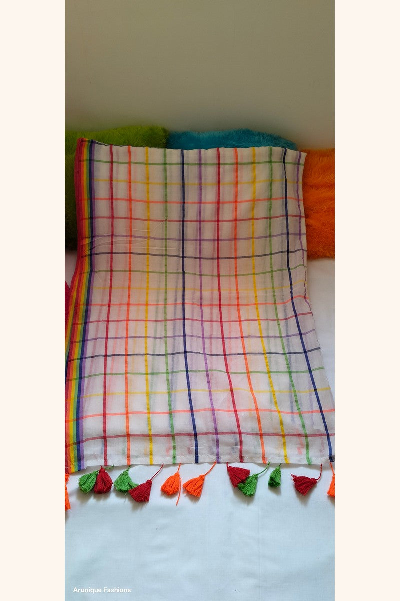 Full length display of off-white rainbow checks saree with tassels
