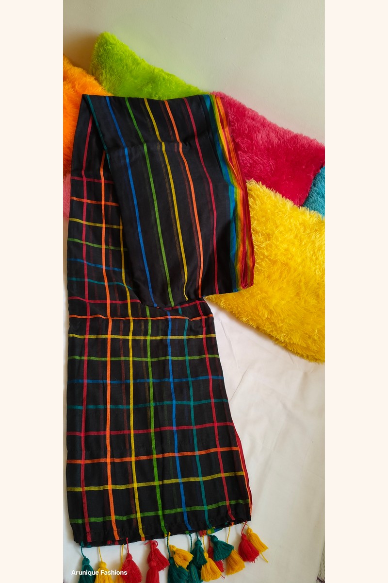 Full length display of black rainbow checks saree with tassels