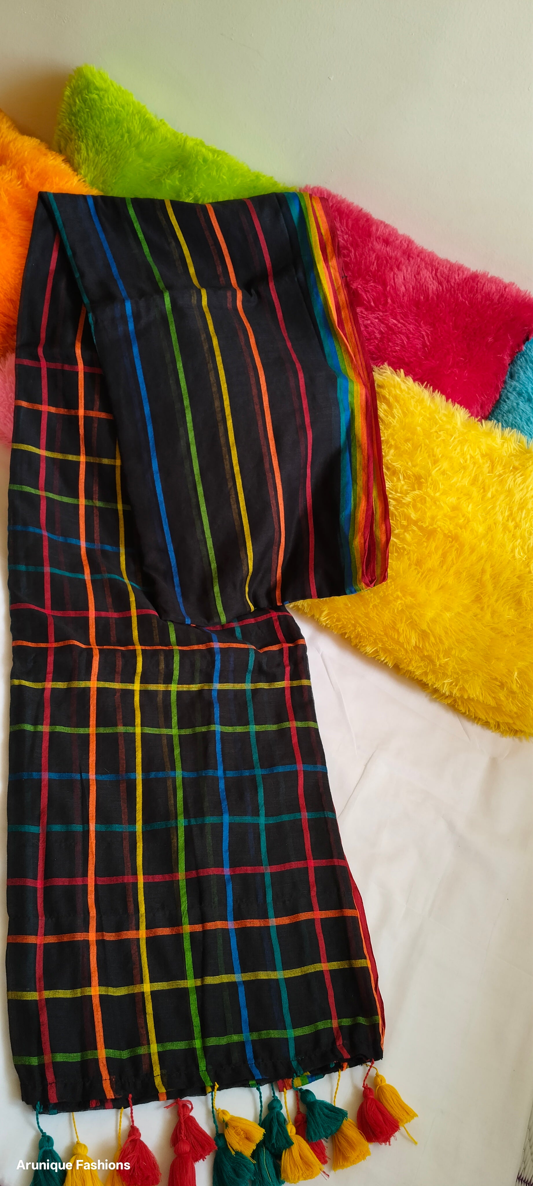 Black Base Rainbow Checks Mul Cotton Saree - Full Length Display with Tassels