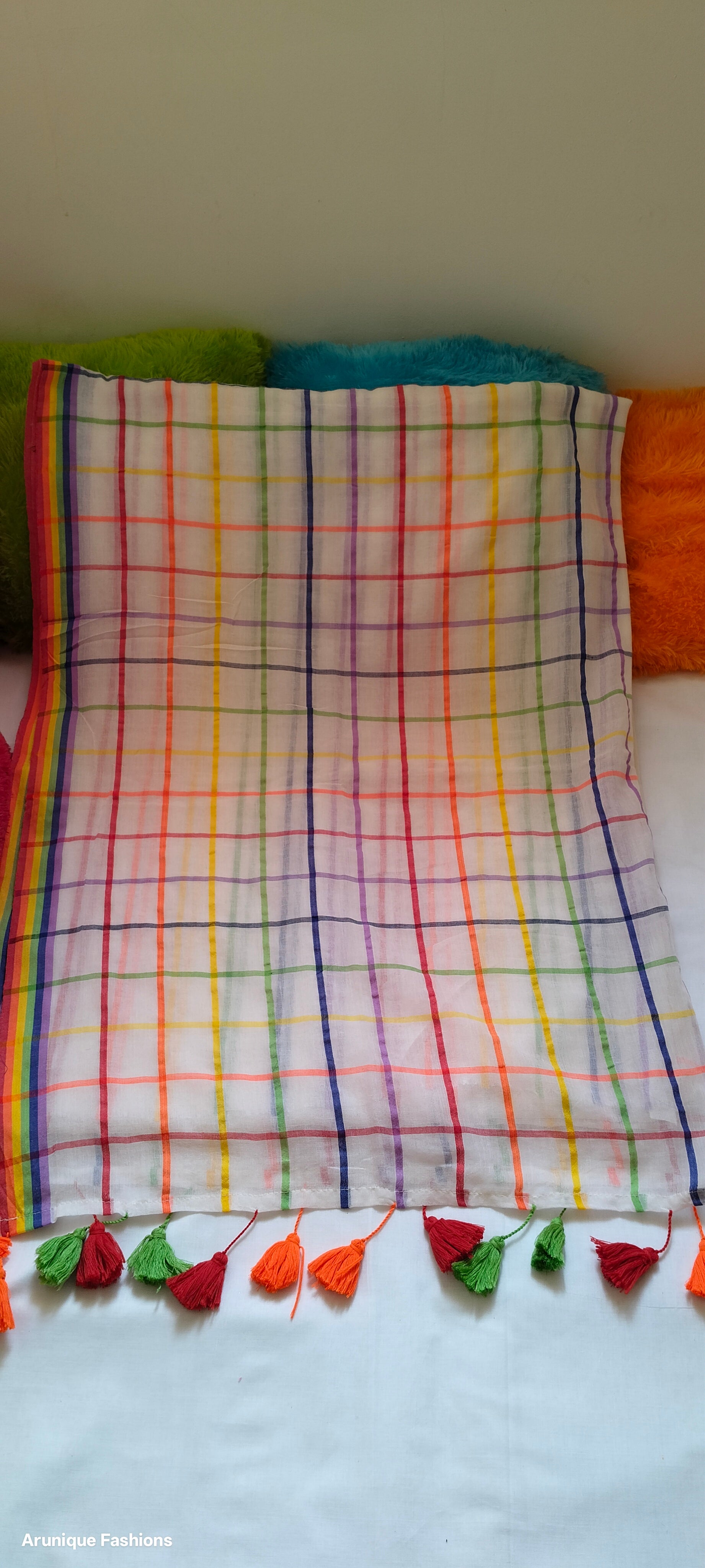 Off-White Base Rainbow Checks Mul Cotton Saree - Full Length Display with Tassels