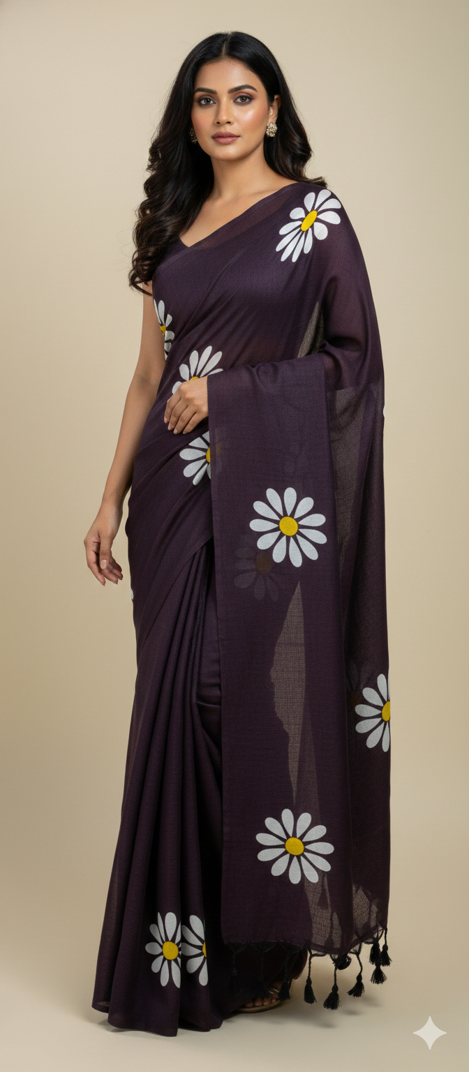 Burgundy Sunflower Print Khadi Cotton Saree