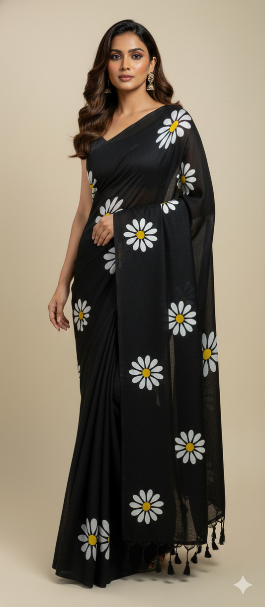 Black Sunflower Print Khadi Cotton Saree