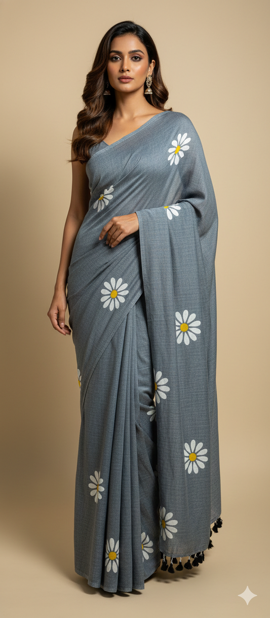 Grey Sunflower Print Khadi Cotton Saree