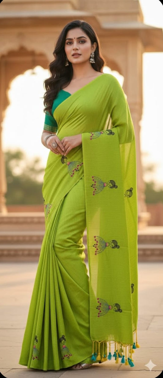 Lime Green Baby Doll Print Khadi Cotton Saree