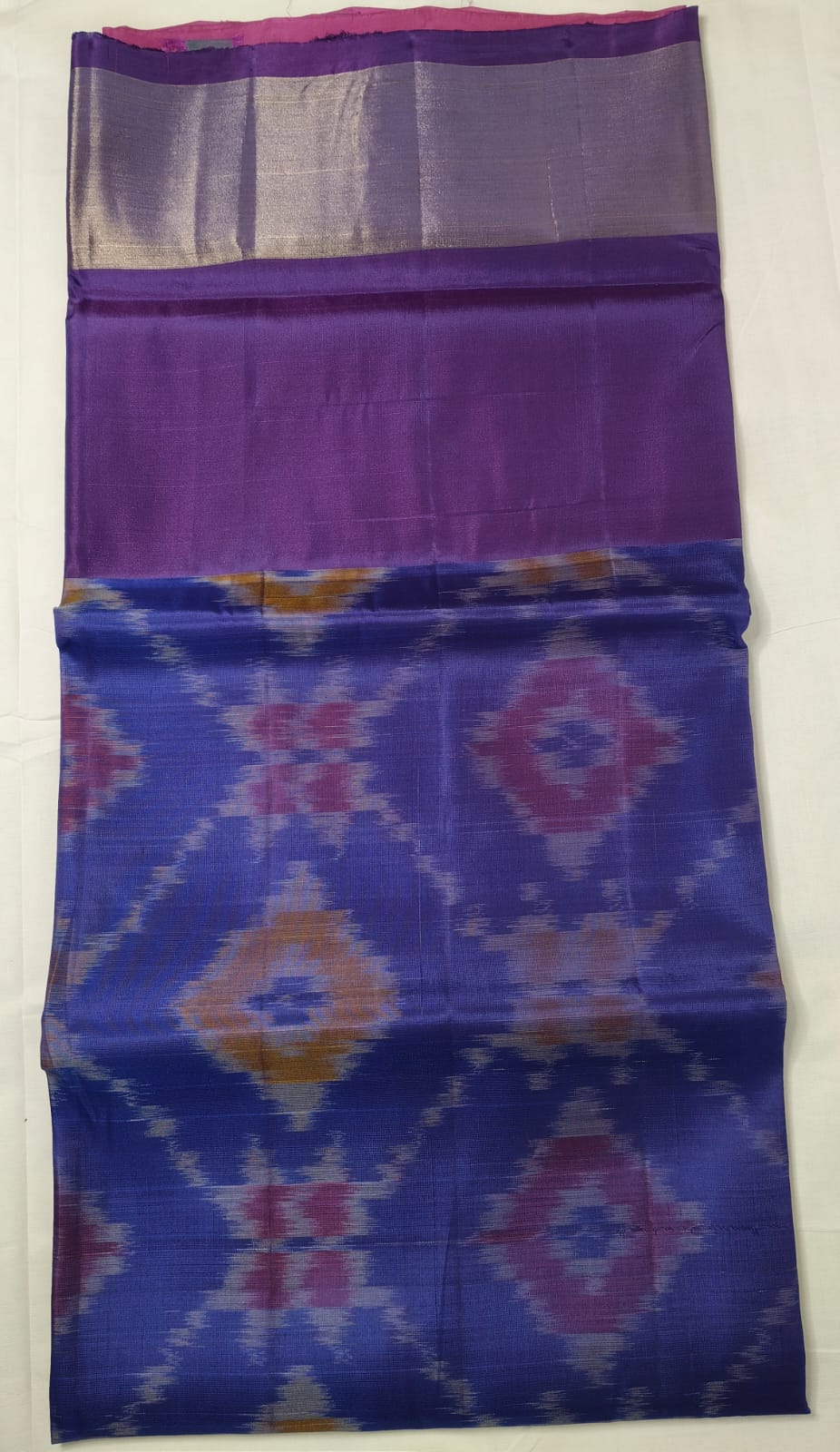 Blue Pink Semi-Silk Ikat Saree with Blouse - Border Detail