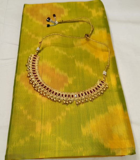 Yellow Orange Green Semi-Silk Ikat Saree - Body Close-up