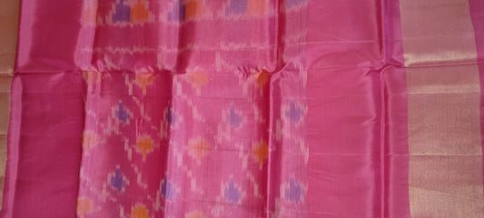 Pink & Orange Ikat Semi-Silk Saree - Pallu Close-up
