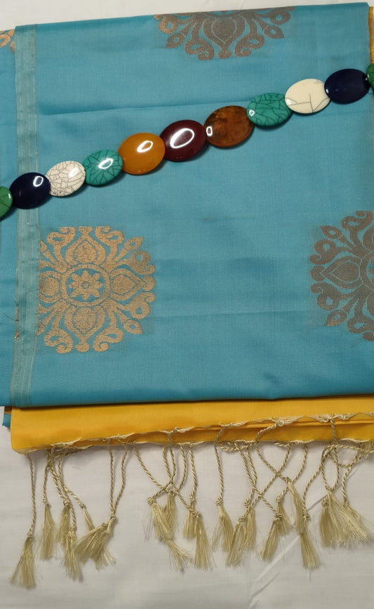 Semi-Silk Saree - Turquoise Yellow Jacquard Floral