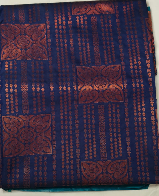 Semi-Silk Saree - Navy Blue Golden Zari Border