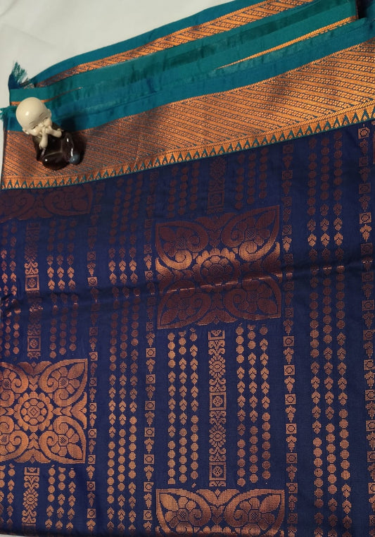 Semi-Silk Saree - Navy Blue Golden Zari Border