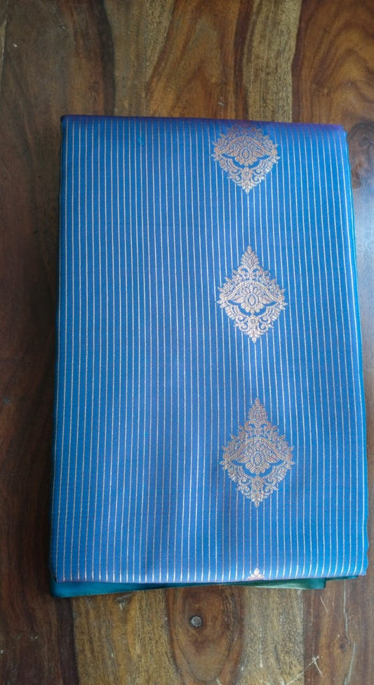 Teal Blue Striped Saree with Golden Zari Floral Motifs & Border - Body Close-up