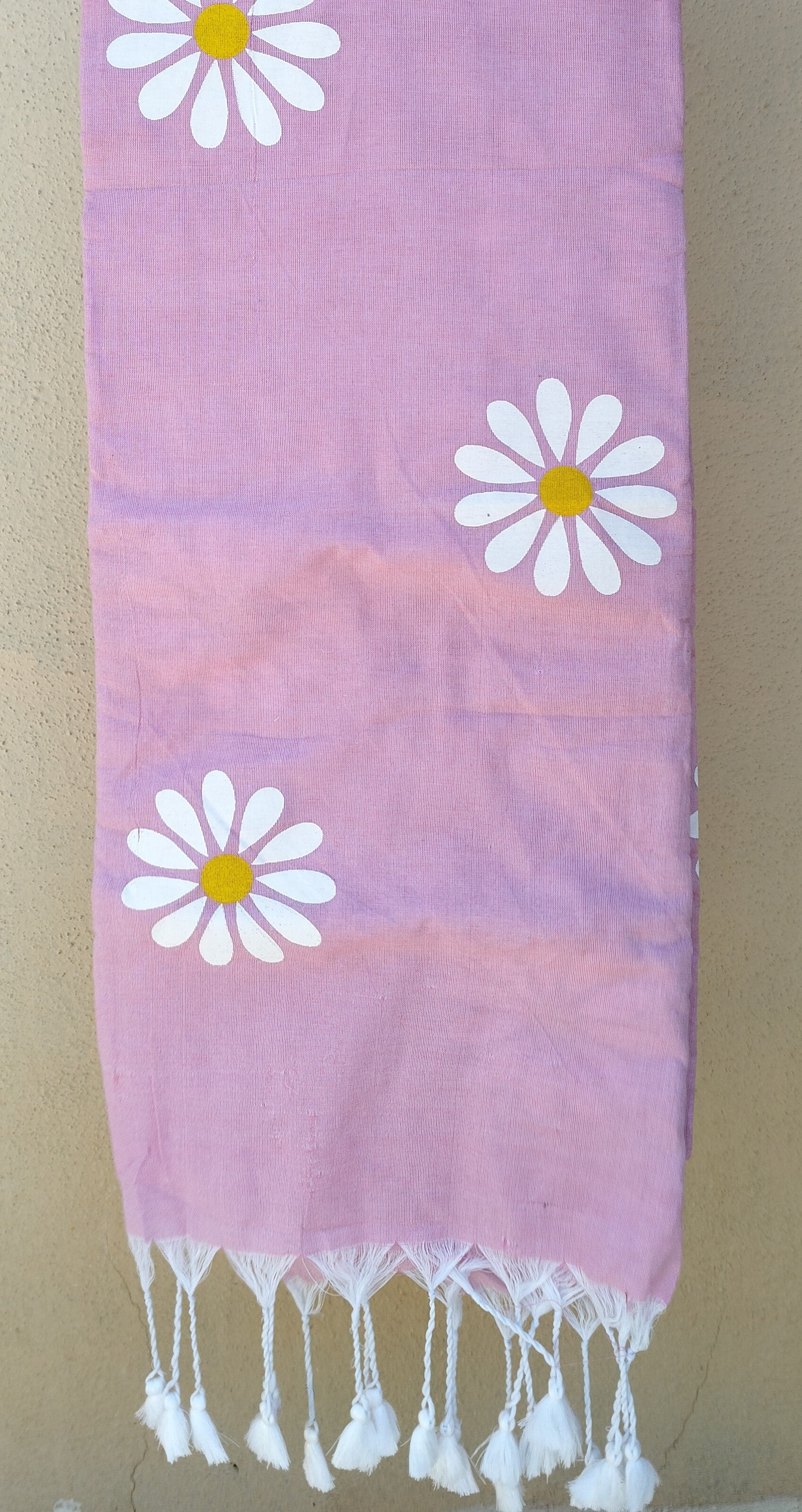 Blush Pink Sunflower Print Khadi Cotton Saree - Close-up Fabric Texture with Block Print Pattern