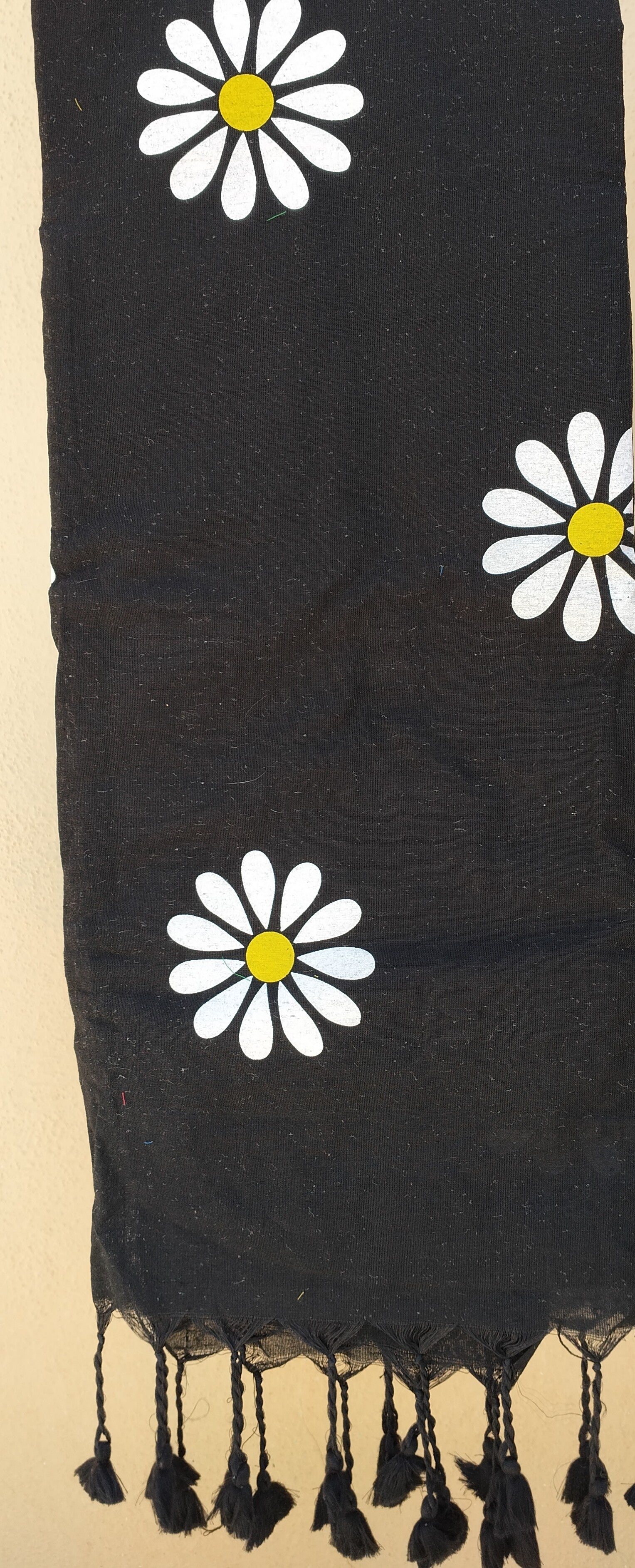 Black Sunflower Print Khadi Cotton Saree - Close-up Fabric Texture