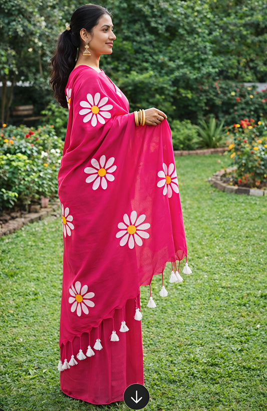 Pink sunflower print khadi cotton  saree with traditional block print | Arunique Fashions

