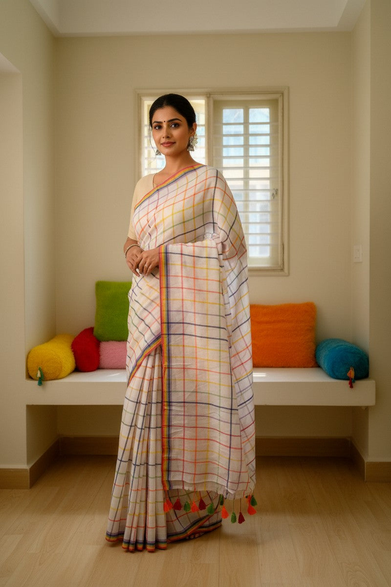 Model wearing off-white rainbow checks mul cotton saree in full drape