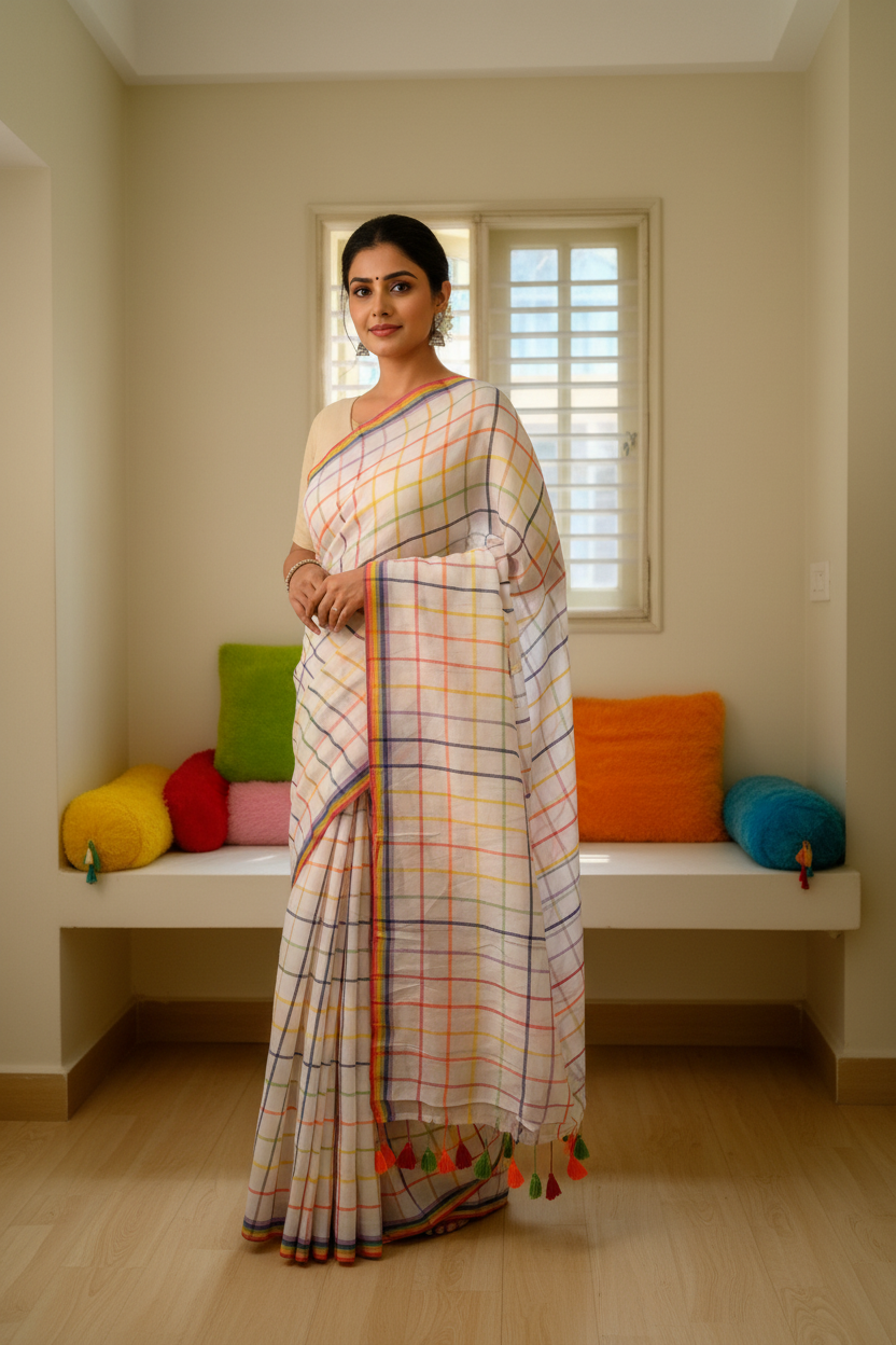 Off-White Base Rainbow Checks Mul Cotton Saree - Model Wearing Full Drape