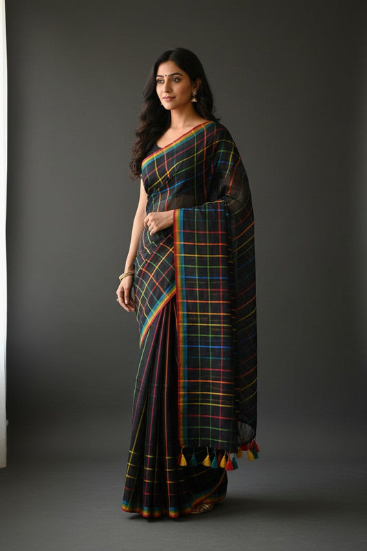 Model wearing black rainbow checks mul cotton saree in full drape