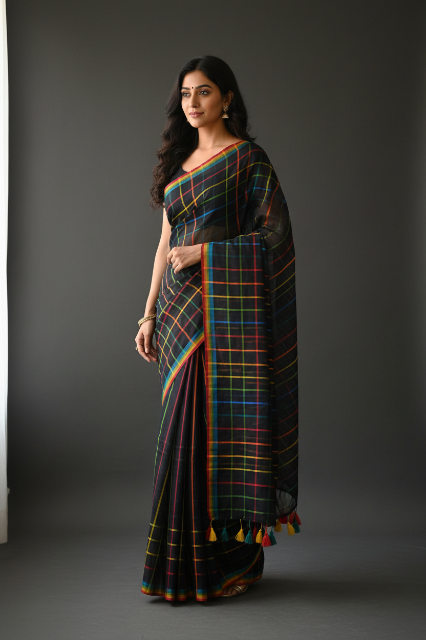 Black Base Rainbow Checks Mul Cotton Saree - Model Wearing Full Drape