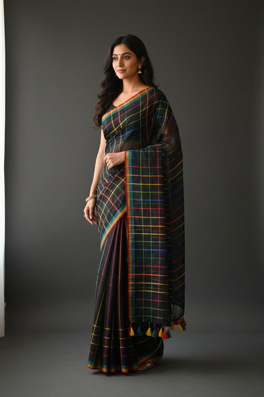 Black Base Rainbow Checks Mul Cotton Saree - Model Wearing Full Drape