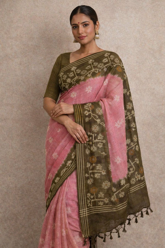 Olive Green Pure Tussar Silk Saree with Pink Ikat Floral Weave - Full Length Model View