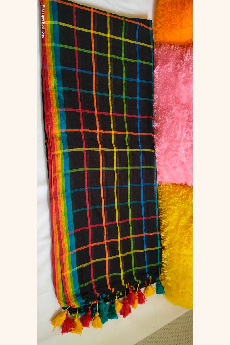 Black rainbow checks mul cotton saree displayed with pillows