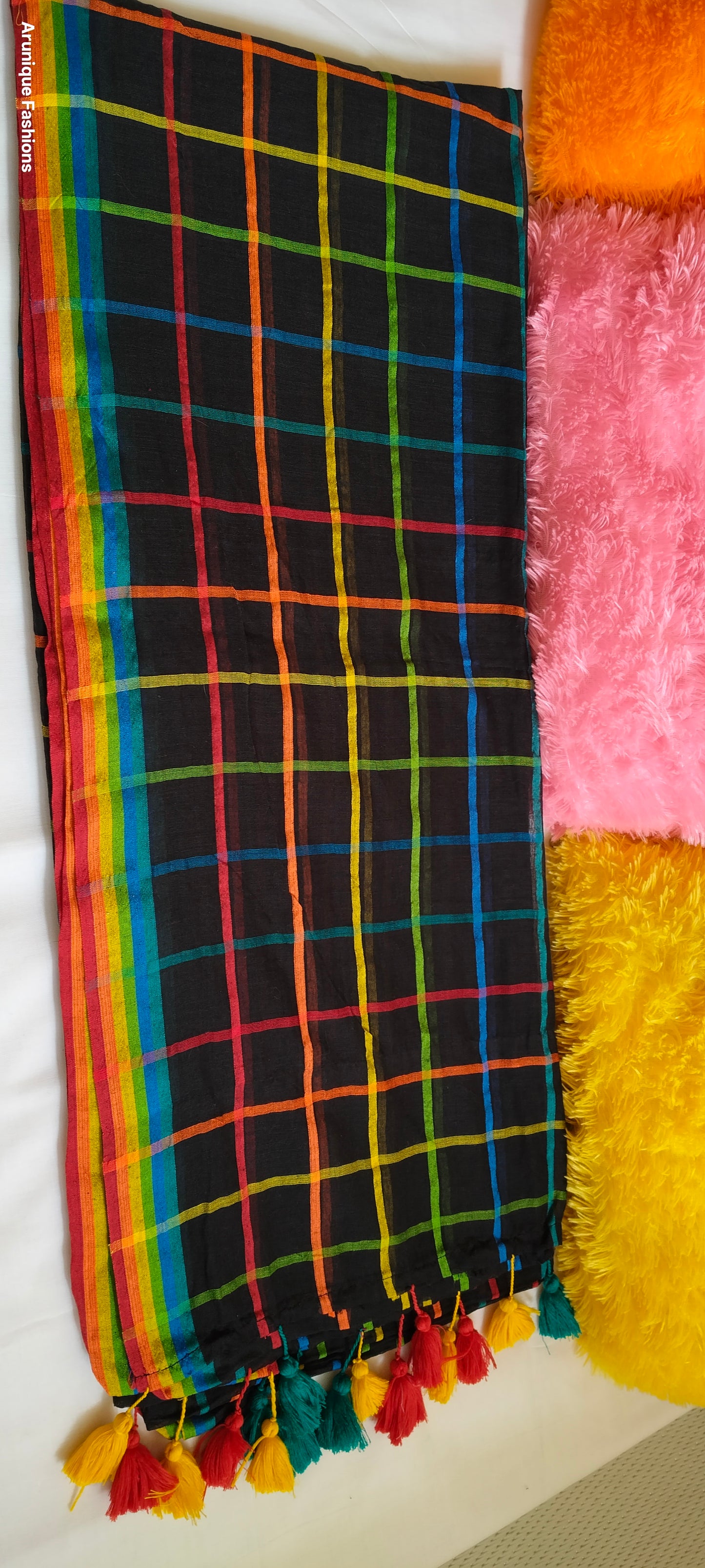 Black Base Rainbow Checks Mul Cotton Saree - Product Display with Pillows