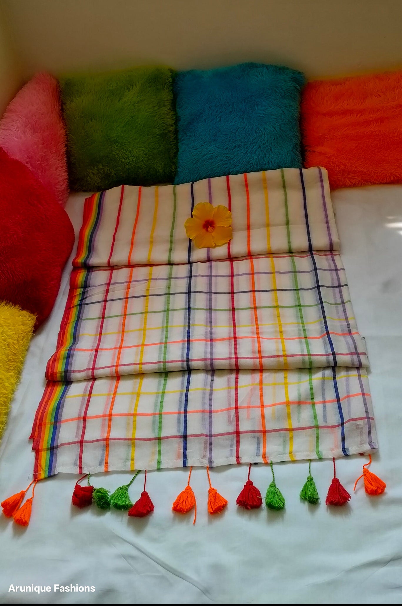 Off-White Base Rainbow Checks Mul Cotton Saree - Product Display with Pillows