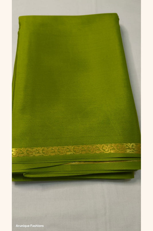 Pure Mysore Silk Saree lime green body with golden half inch floral zari border — Silk Mark certified, 120 GSM