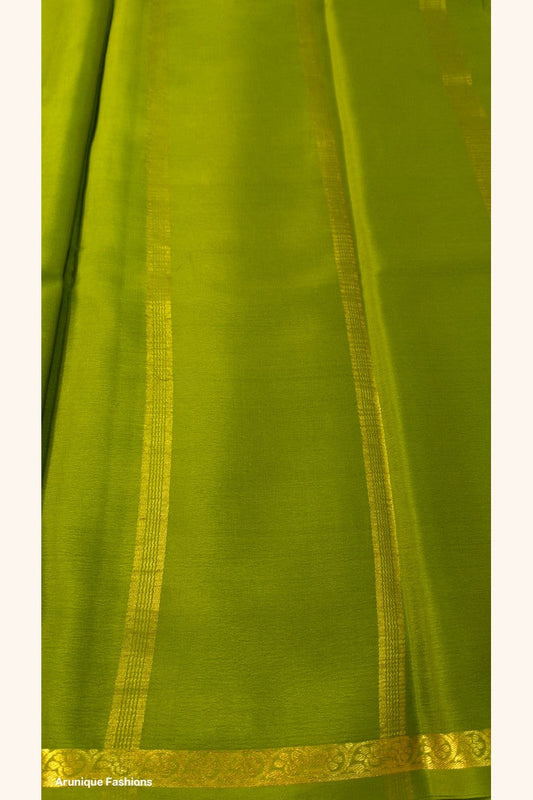 Pure Mysore Silk Saree lime green pallu with golden zari stripes and floral paisley border — Silk Mark certified
