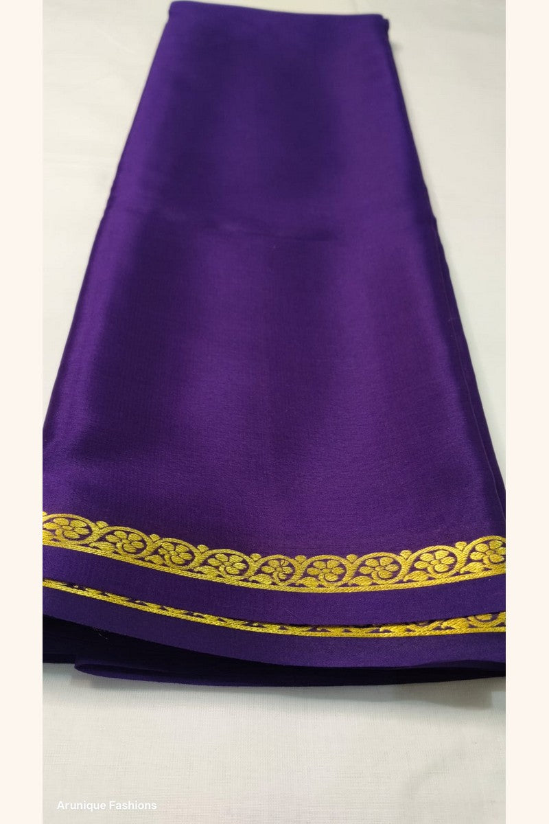 Pure Mysore Silk Saree purple body with golden half inch floral zari border — Silk Mark certified, 120 GSM