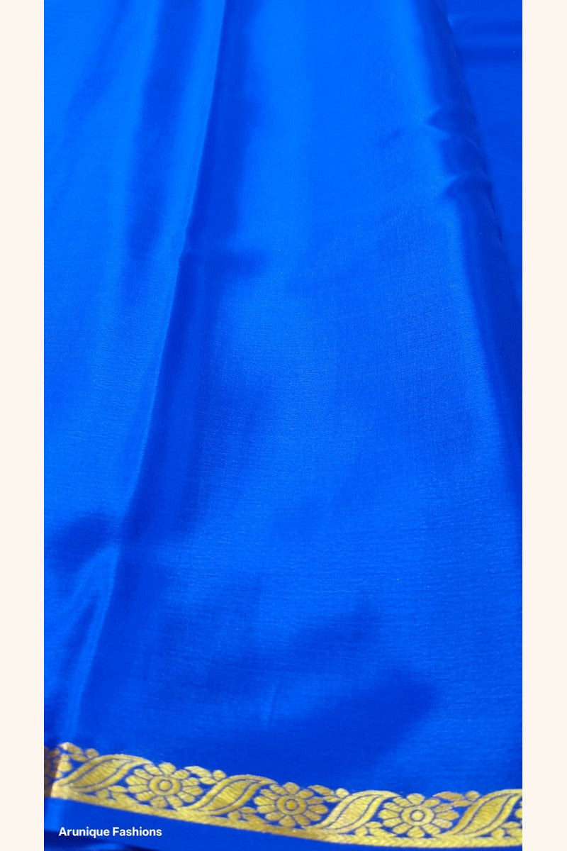 Pure Mysore Silk Saree royal blue blouse piece with matching golden half inch floral zari border — Silk Mark certified