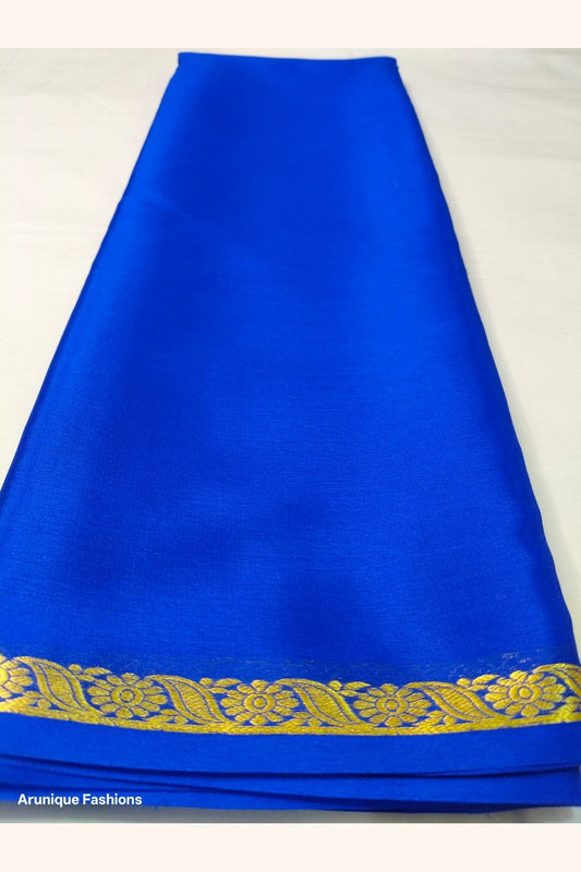 Pure Mysore Silk Saree royal blue body with golden half inch floral zari border — Silk Mark certified, 120 GSM