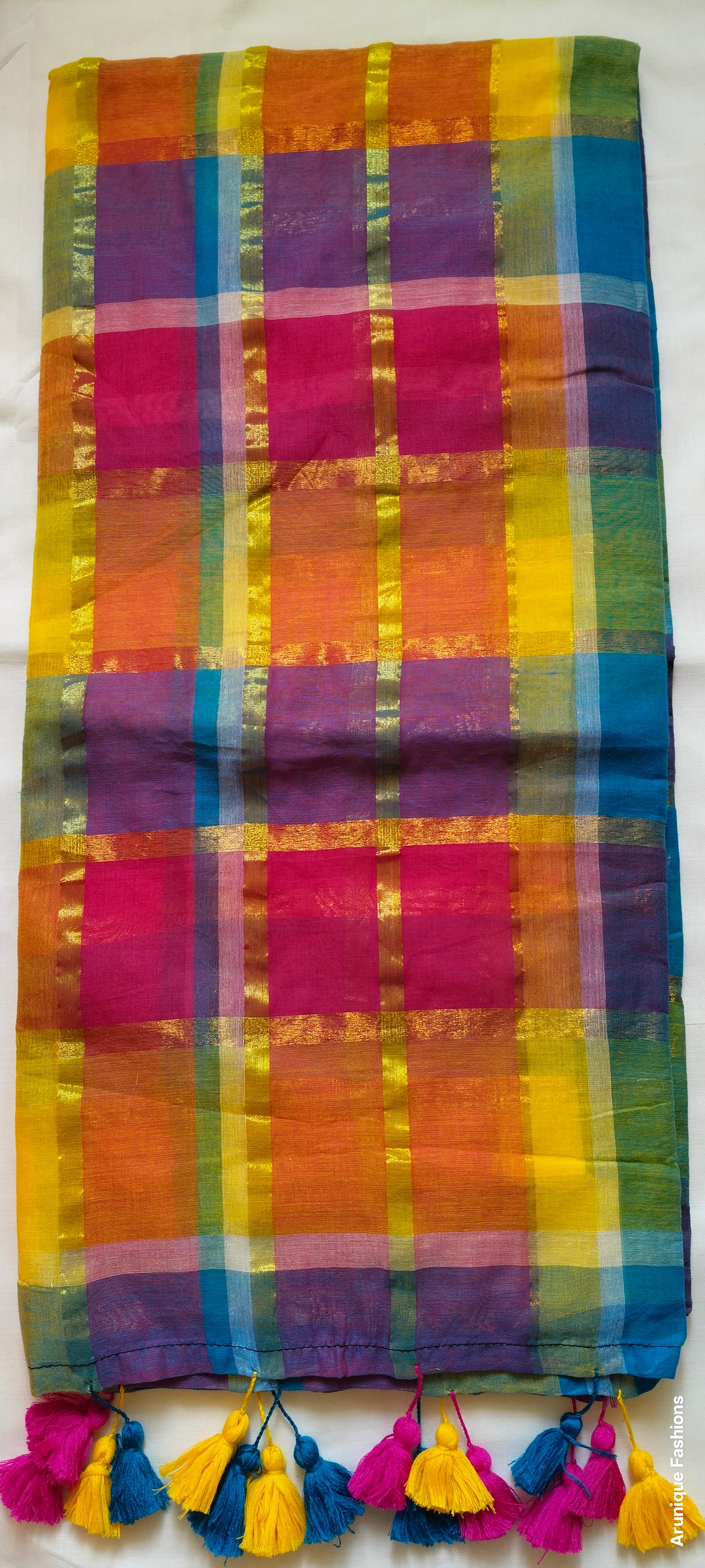 Multicolor Zari Rainbow Checks Mul Cotton Saree - Saree Close-Up on White Background

