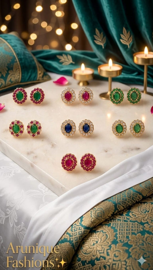 Akshaya Tritiya Special Gift - Anti-Tarnish Gemstone Stud Earrings Collection - Seven Pairs on Marble Tray