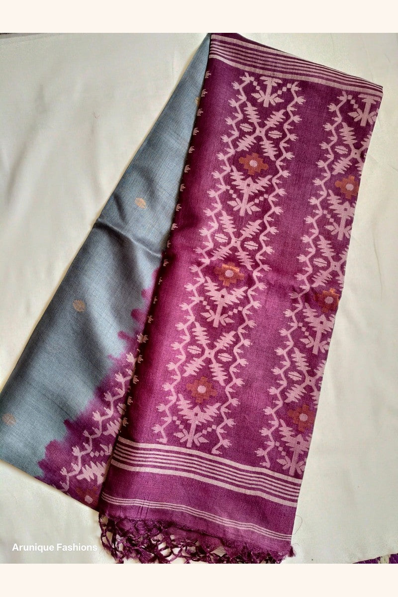 Pure Tussar Silk Saree in steel blue with magenta ikat border and pallu angled view