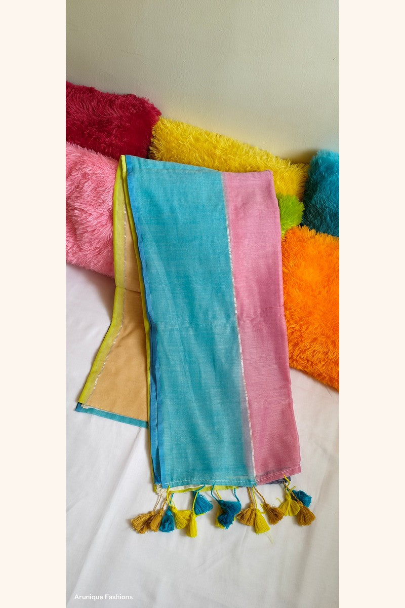 Multicolor Mul Cotton Saree with Thin Silver Zari - Another Pattern View