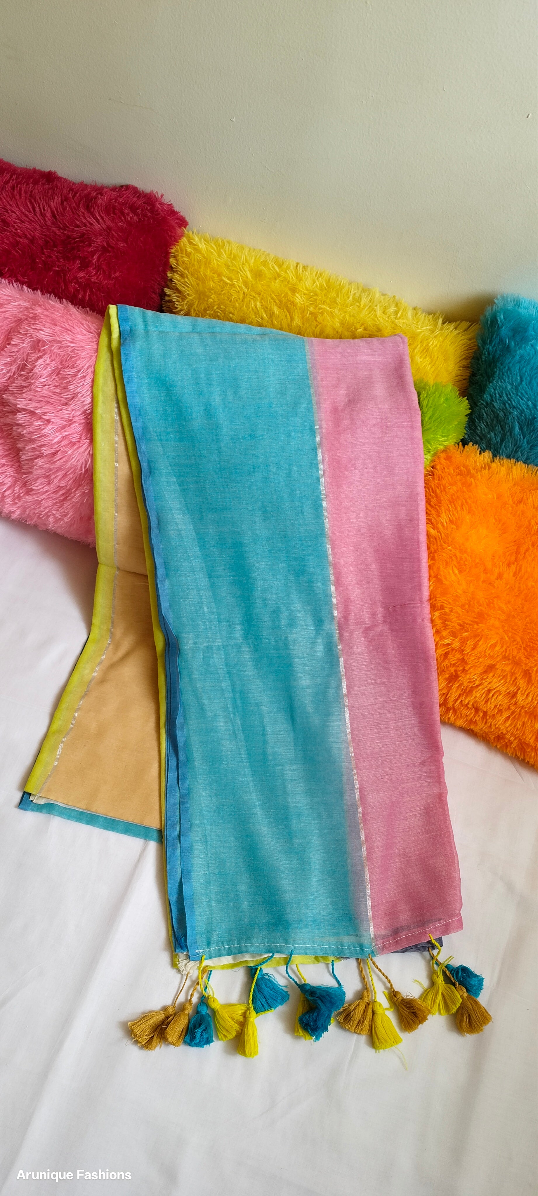 Multicolor Mul Cotton Saree with Thin Silver Zari - Another Pattern View

