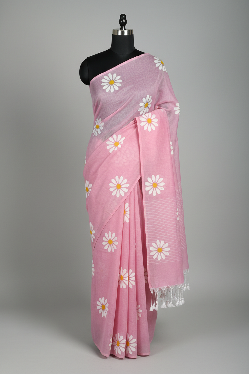 Blush Pink Sunflower Print Khadi Cotton Saree - Mannequin Display Borderless Design