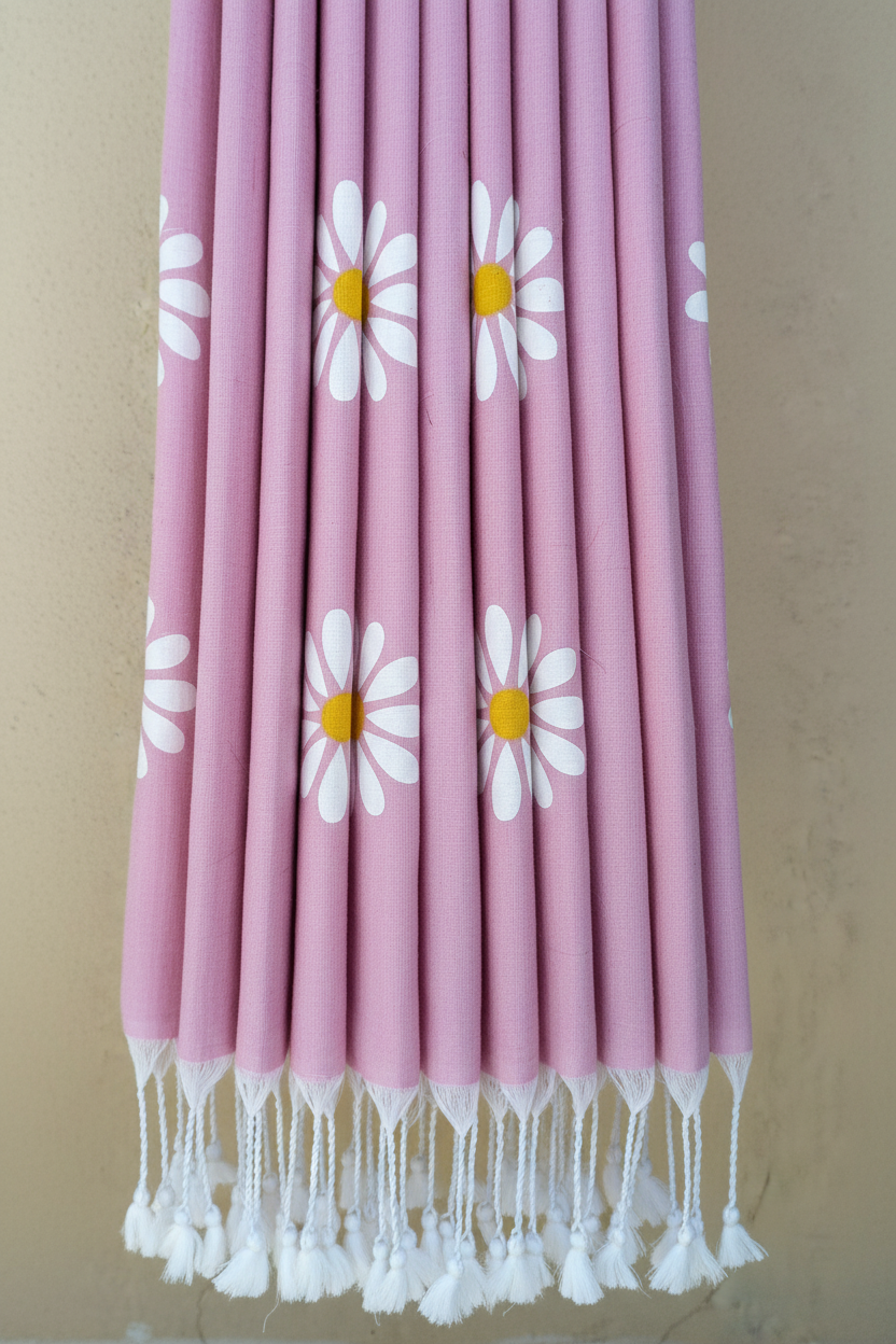 Blush Pink Sunflower Print Khadi Cotton Saree - Pleats Detail with White Tassels